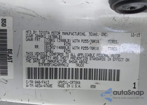 2016 Toyota Tundra Sr 4.6L V8 z USA, uszkodzony, nr VIN 5TFRM5F14GX099612
